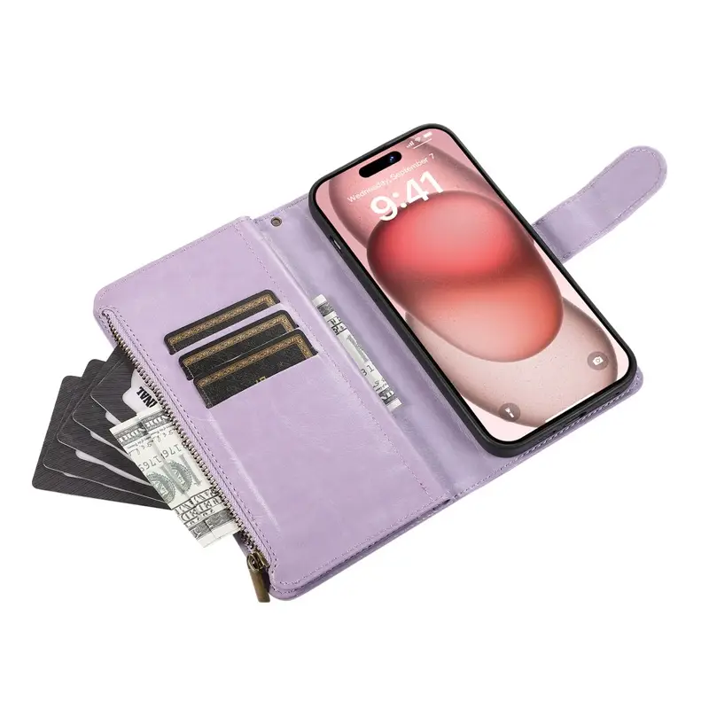 Crazy Horse Leather 9-Card Zipper Phone Case for iPhone 16 Pro Max - Image 13
