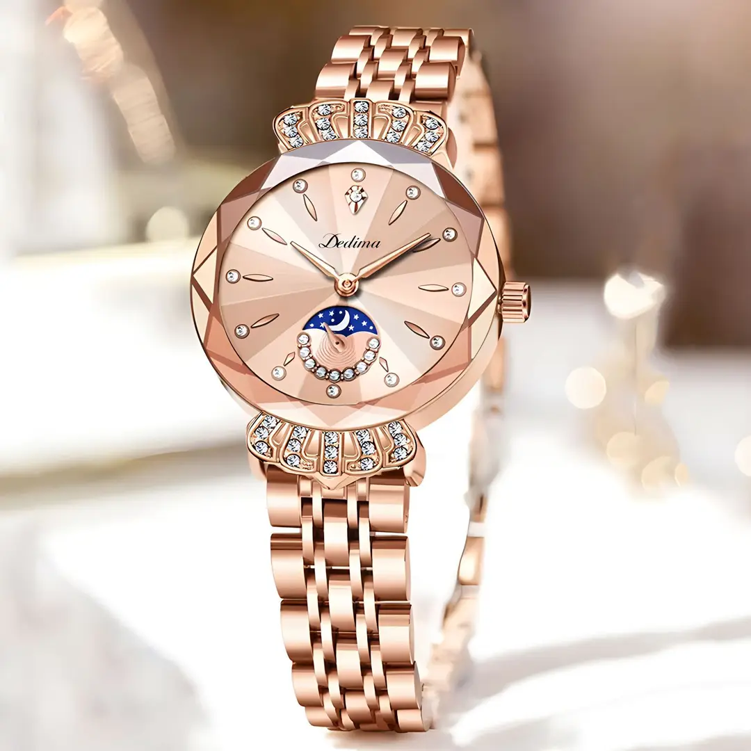 Official Authentic Fashion Rose Gold Women's Solid Steel Band Waterproof Watch Diamond Butterfly Buckle Watch Live Broadcast Hot Sale