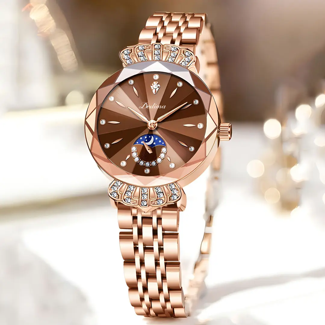 Official Authentic Fashion Rose Gold Women's Solid Steel Band Waterproof Watch Diamond Butterfly Buckle Watch Live Broadcast Hot Sale