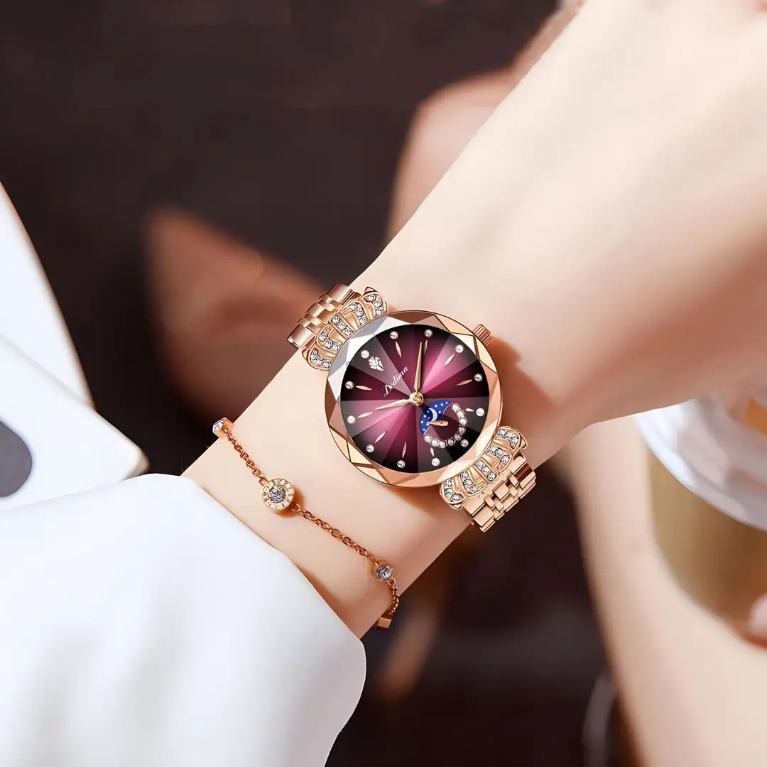 Official Authentic Fashion Rose Gold Women's Solid Steel Band Waterproof Watch Diamond Butterfly Buckle Watch Live Broadcast Hot Sale — feature 16