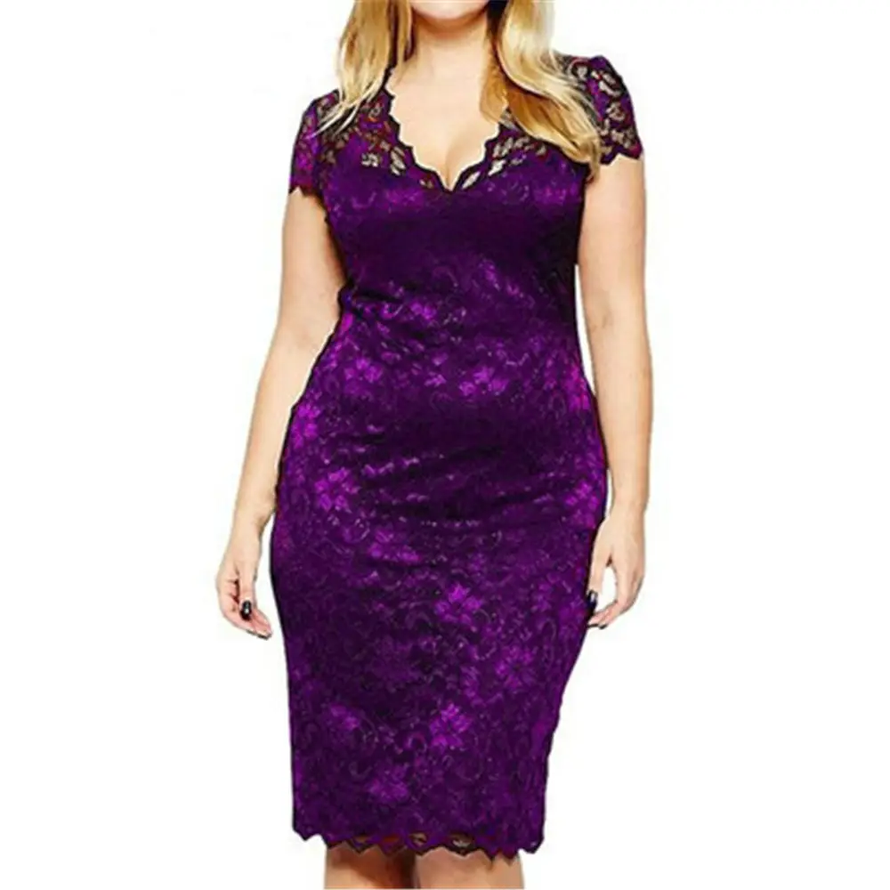 Purple Lace Sheath Dress V-Neck Short Sleeve Slim Fit - Image 3