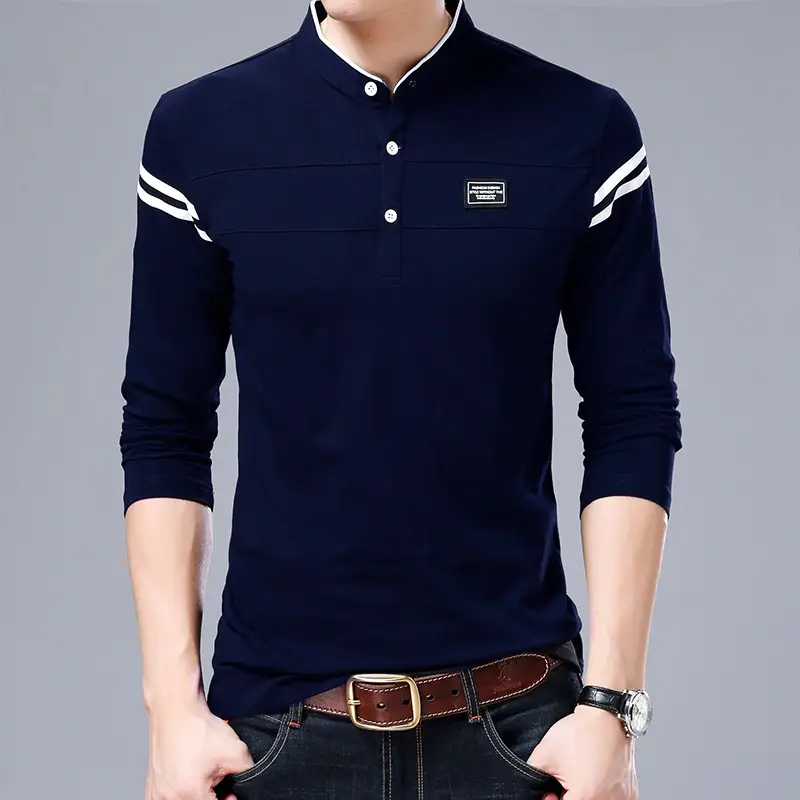 Men's Long Sleeve Cotton T-Shirt Grey Collar Slim Fit - Image 7