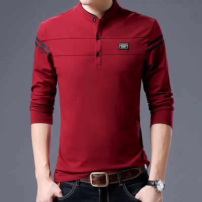 Men's Long Sleeve Cotton T-Shirt Grey Collar Slim Fit - Image 8