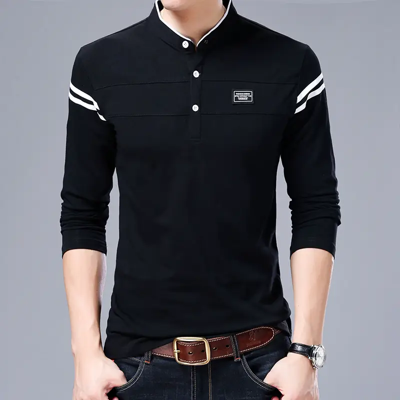 Men's Long Sleeve Cotton T-Shirt Grey Collar Slim Fit - Image 9