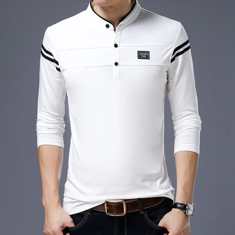 Men's Long Sleeve Cotton T-Shirt Grey Collar Slim Fit - Image 10