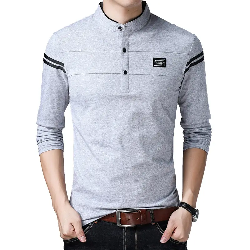 Men's Long Sleeve Cotton T-Shirt Grey Collar Slim Fit - Image 11