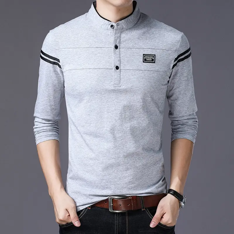 Men's Long Sleeve Cotton T-Shirt Grey Collar Slim Fit - Image 5