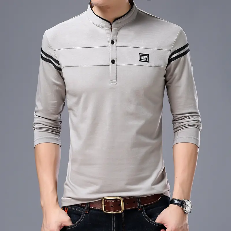 Men's Long Sleeve Cotton T-Shirt Grey Collar Slim Fit - Image 6