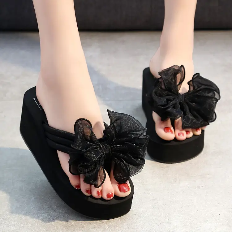 Black Bow Wedge Sandals for Women Summer - Image 2