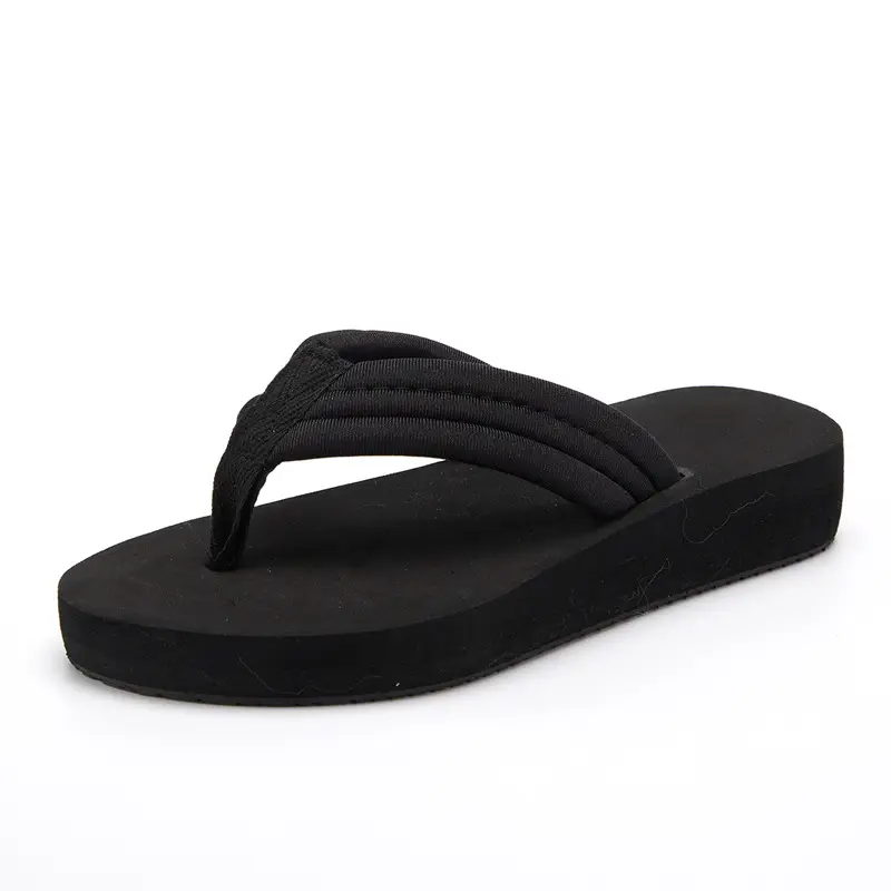 Women Black Thick Sole Cloth Strap Flip Flops Large