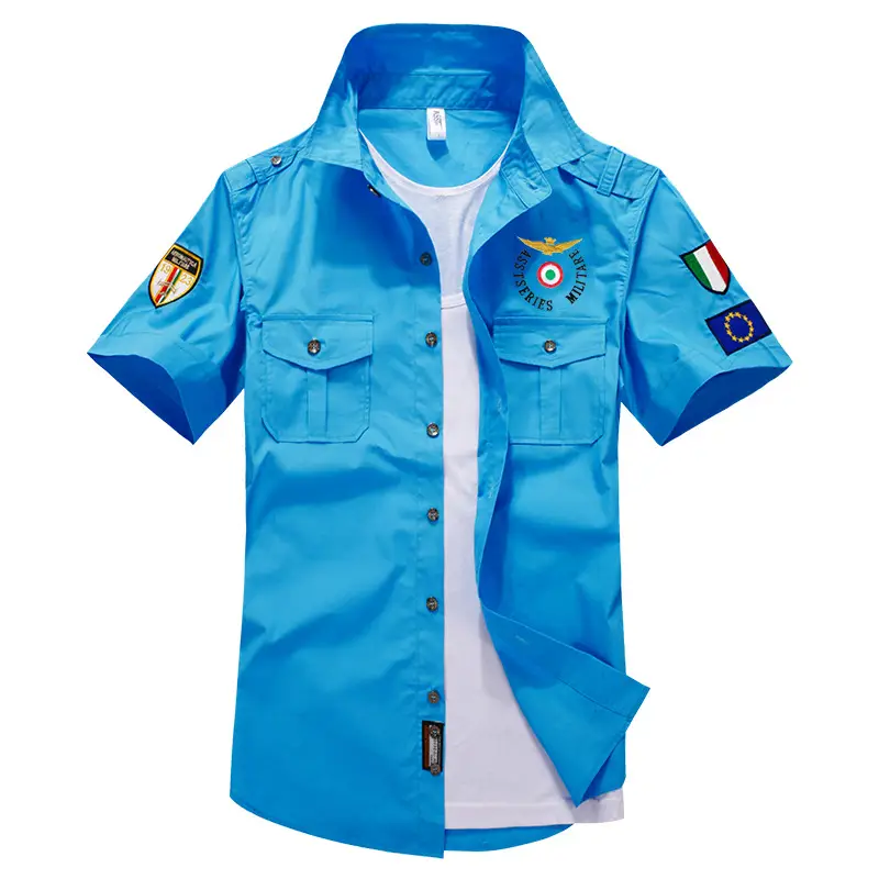 Men Navy Blue Short Sleeve Shirt with Embroidered Patches - Image 9