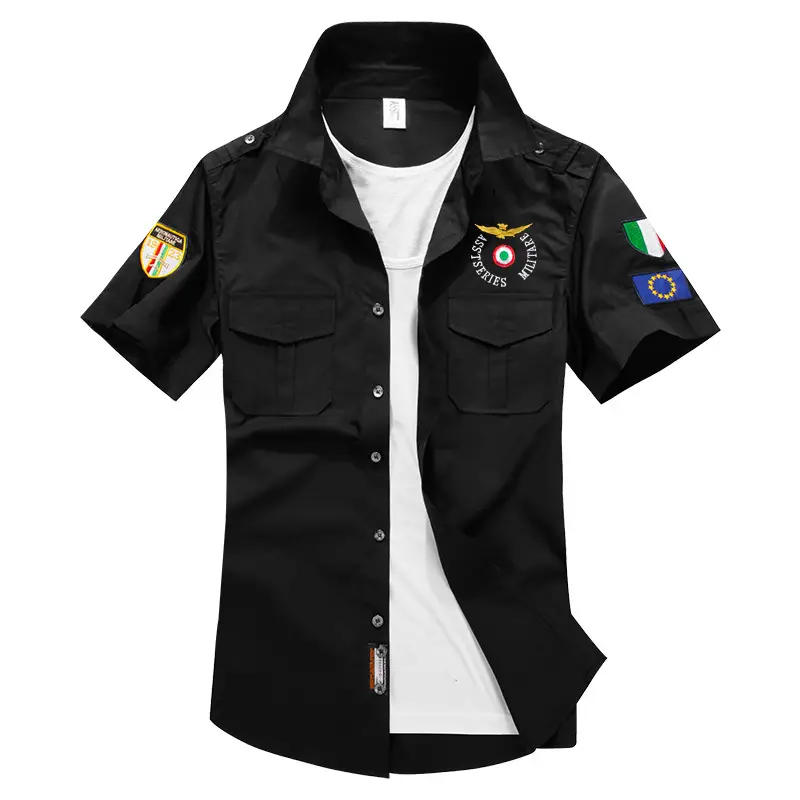 Men Navy Blue Short Sleeve Shirt with Embroidered Patches - Image 2