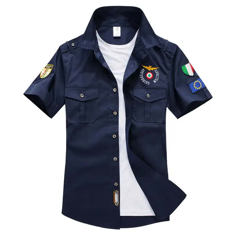 Men Navy Blue Short Sleeve Shirt with Embroidered Patches - Image 3