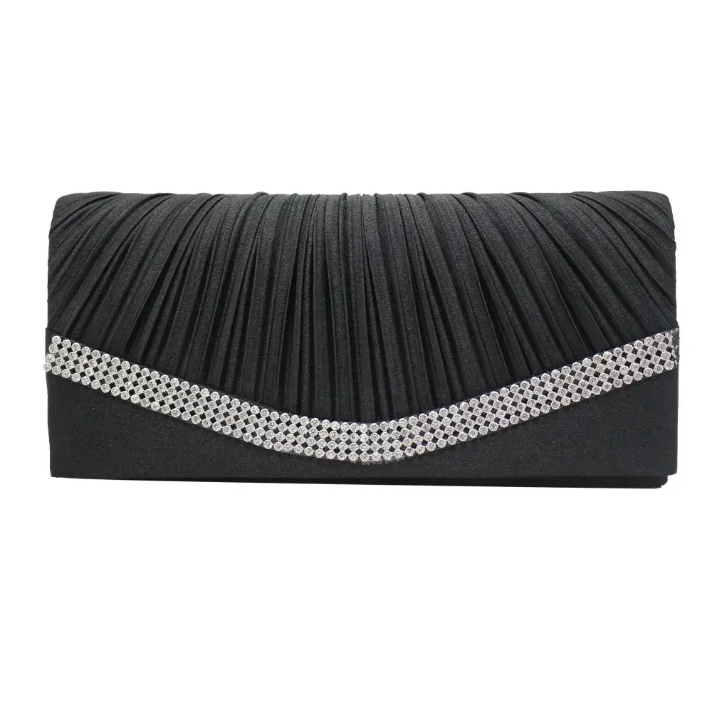 Black Satin Handheld Dinner Bag with Diamond Trim - Image 3