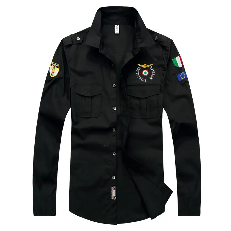 Men Navy Blue Army Style Long Sleeve Shirt - Image 2