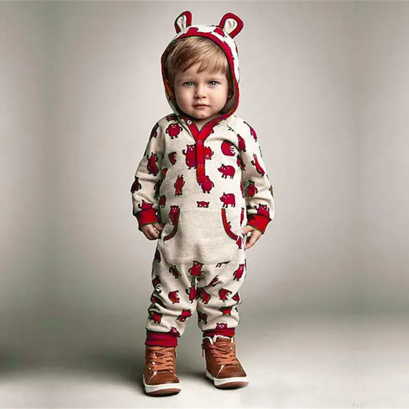 New Baby Bear Hooded Hoodie Jump Suit White Red - Image 2