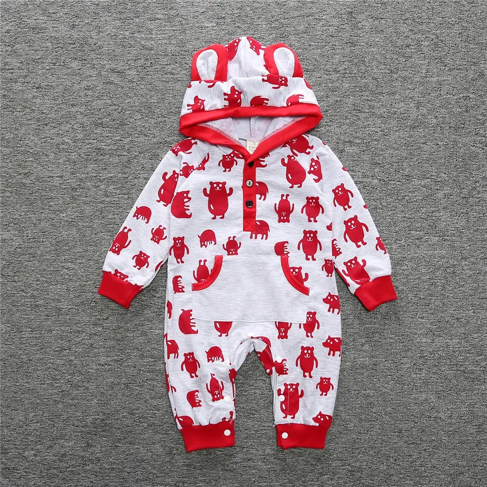 New Baby Bear Hooded Hoodie Jump Suit White Red - Image 4