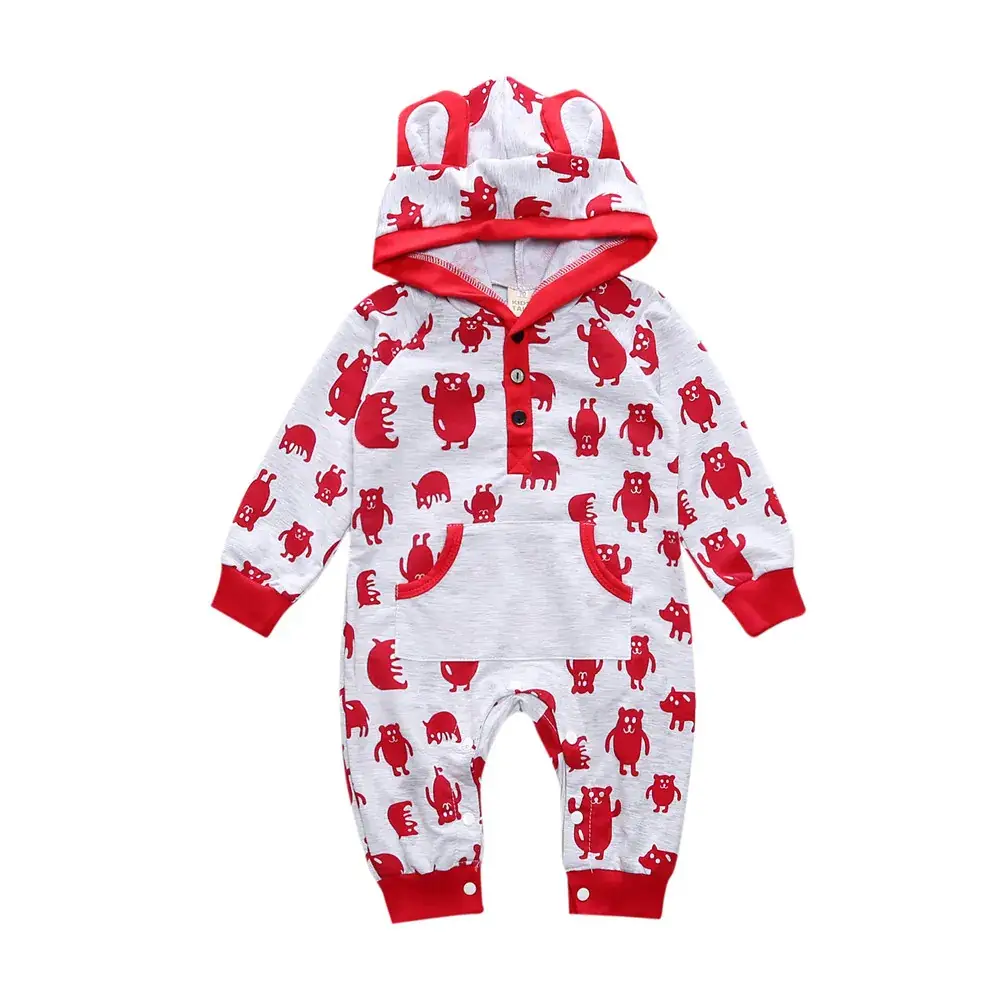 New Baby Bear Hooded Hoodie Jump Suit White Red