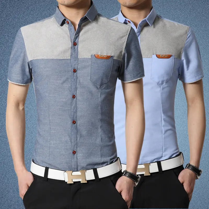 Men 2025 Summer Slim Fit Half Sleeve Shirt Blue Gray