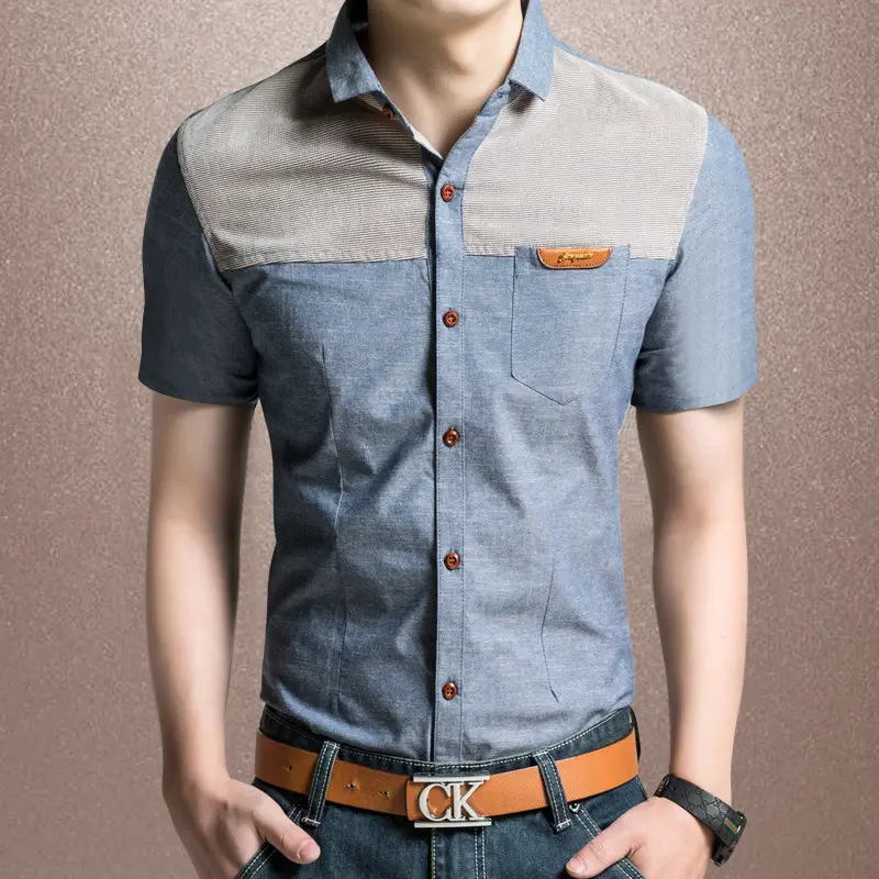 Men 2025 Summer Slim Fit Half Sleeve Shirt Blue Gray