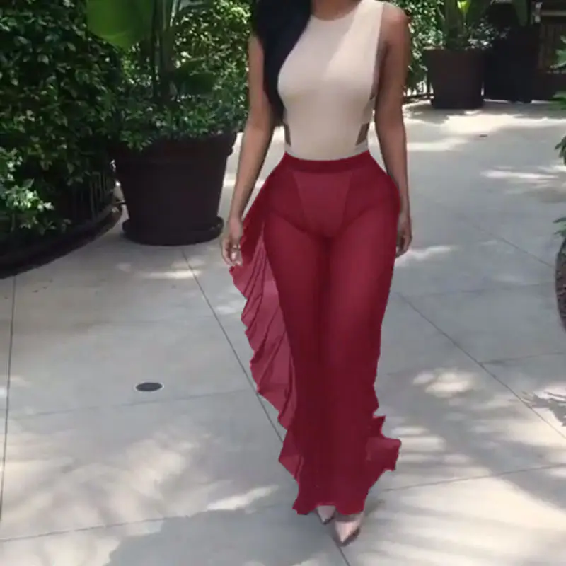 Wide Leg Ruffled Mesh Pants Red Aliexpress - Image 4