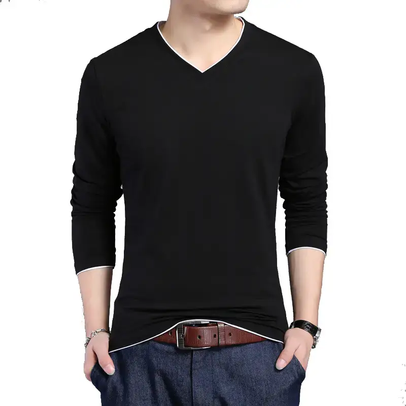 Men Navy Blue Long Sleeve Mercerized Cotton T-Shirt - Image 23