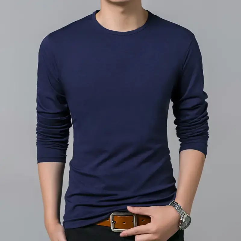 Men Navy Blue Long Sleeve Mercerized Cotton T-Shirt - Image 13