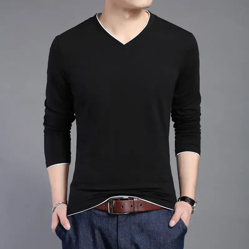 Men Navy Blue Long Sleeve Mercerized Cotton T-Shirt - Image 15