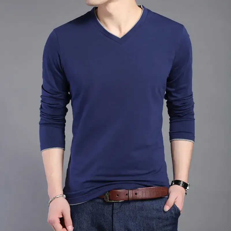 Men Navy Blue Long Sleeve Mercerized Cotton T-Shirt - Image 5