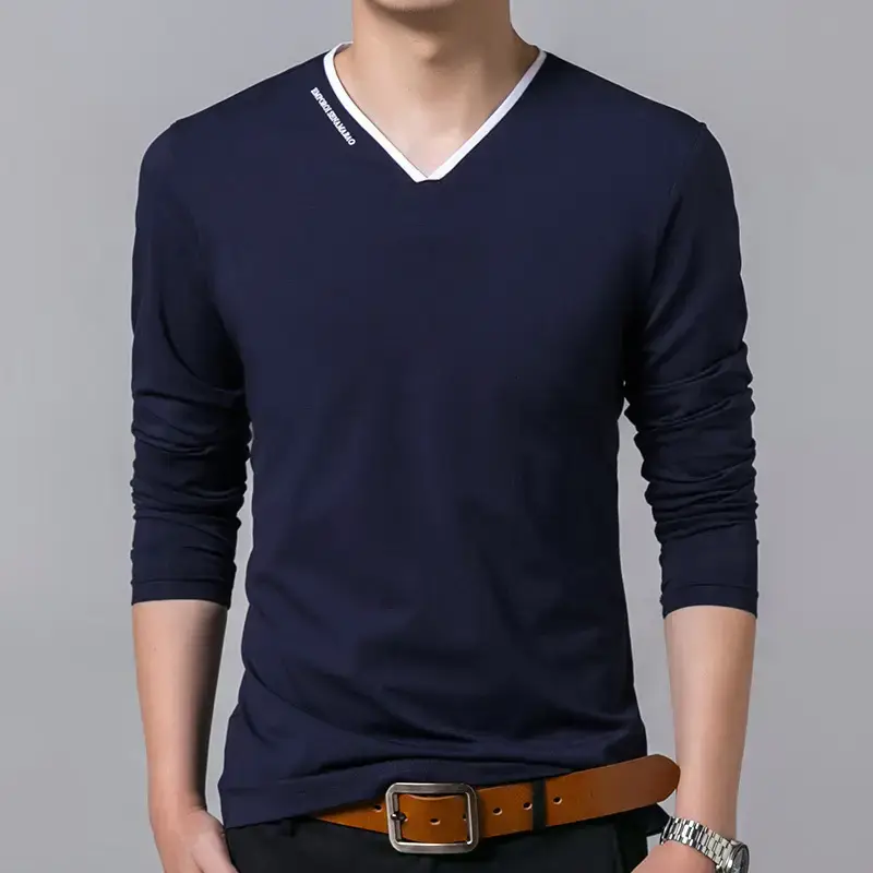 Men Navy Blue Long Sleeve Mercerized Cotton T-Shirt - Image 8