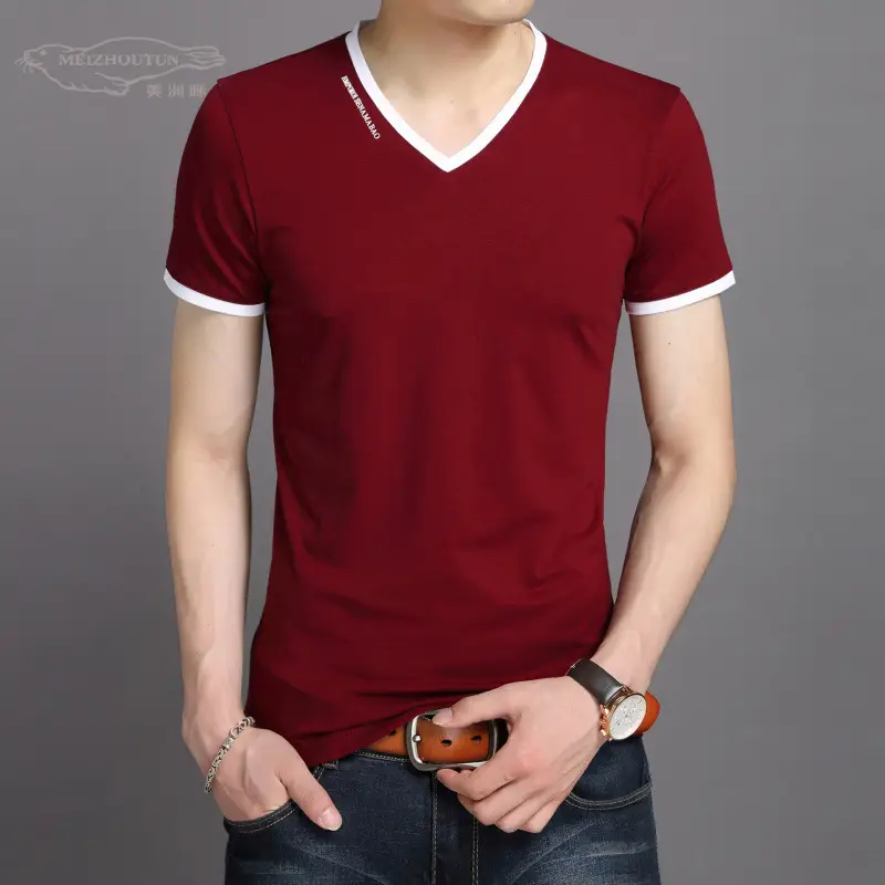 Men's V-Neck T-Shirt Maroon 2020 Summer - Image 7