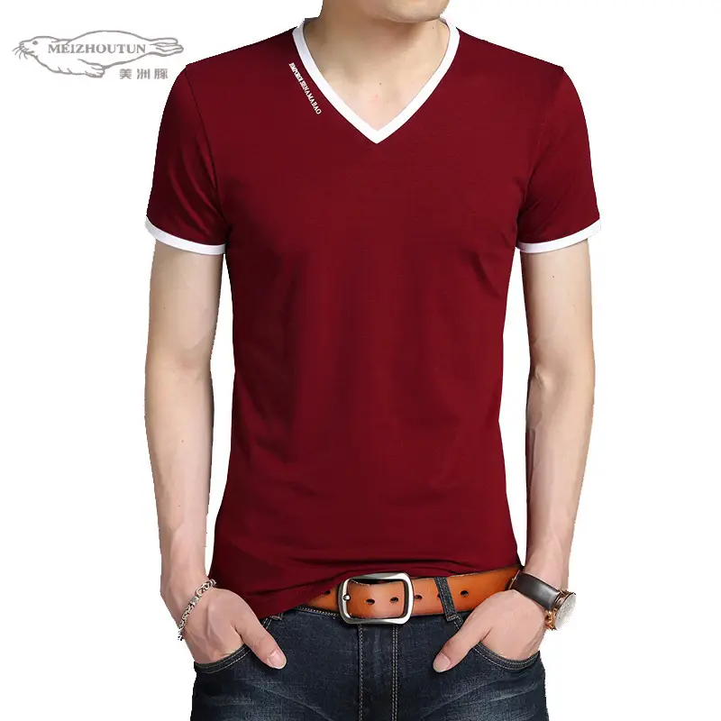 Men's V-Neck T-Shirt Maroon 2020 Summer - Image 10