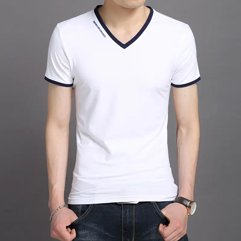 Men's V-Neck T-Shirt Maroon 2020 Summer - Image 3