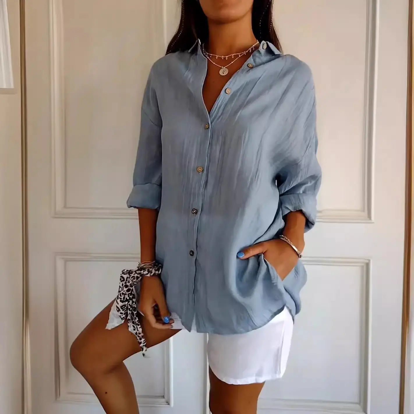 Women's 2024 Pleated Lapel Shirt White Solid Color - Image 16
