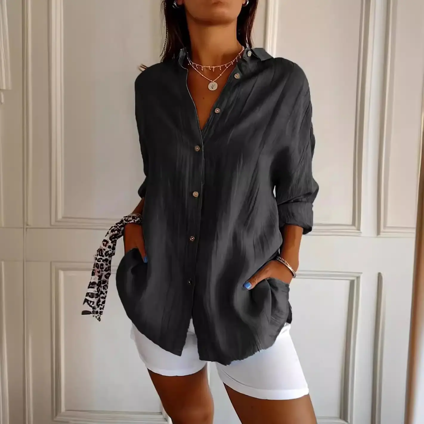 Women's 2024 Pleated Lapel Shirt White Solid Color - Image 17