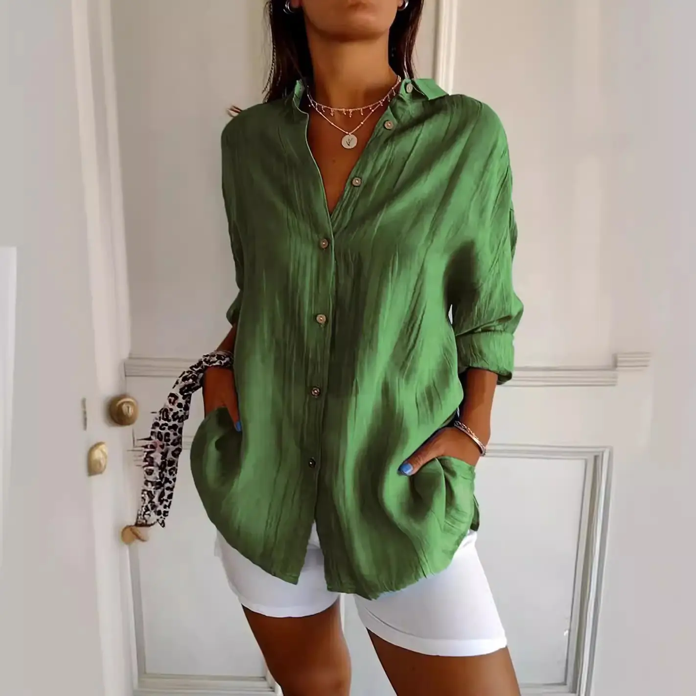 Women's 2024 Pleated Lapel Shirt White Solid Color - Image 18