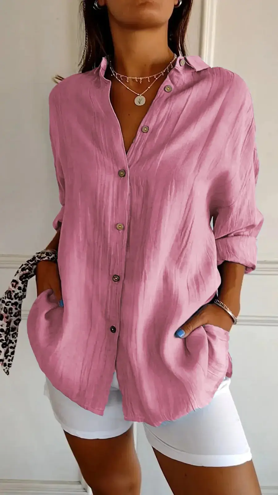 Women's 2024 Pleated Lapel Shirt White Solid Color - Image 10