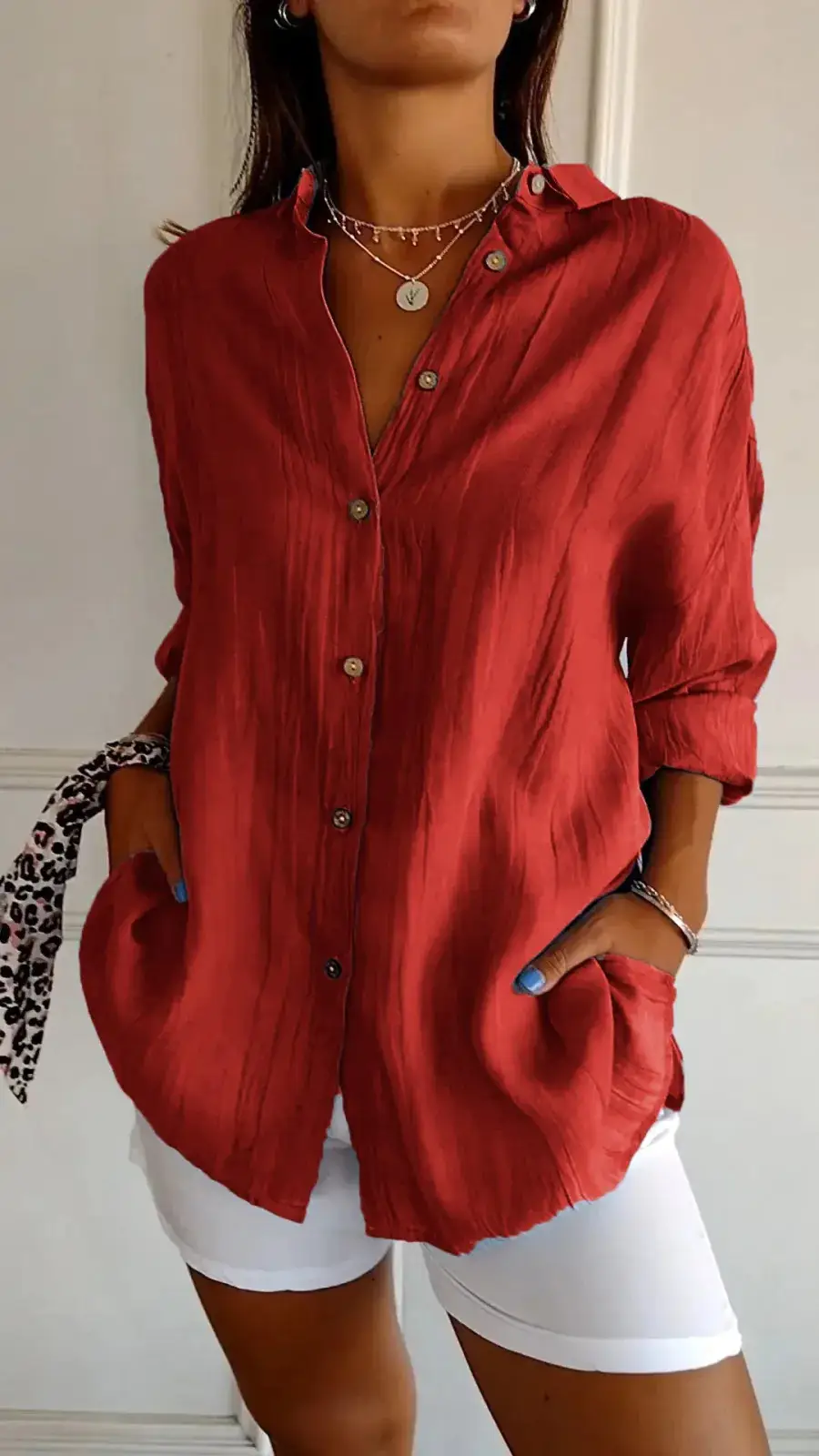 Women's 2024 Pleated Lapel Shirt White Solid Color - Image 4