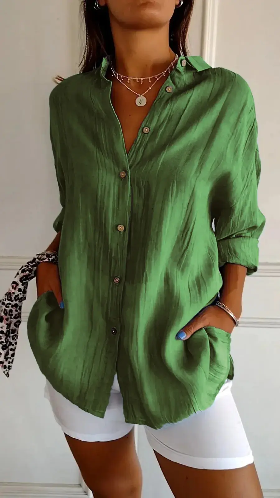 Women's 2024 Pleated Lapel Shirt White Solid Color - Image 5