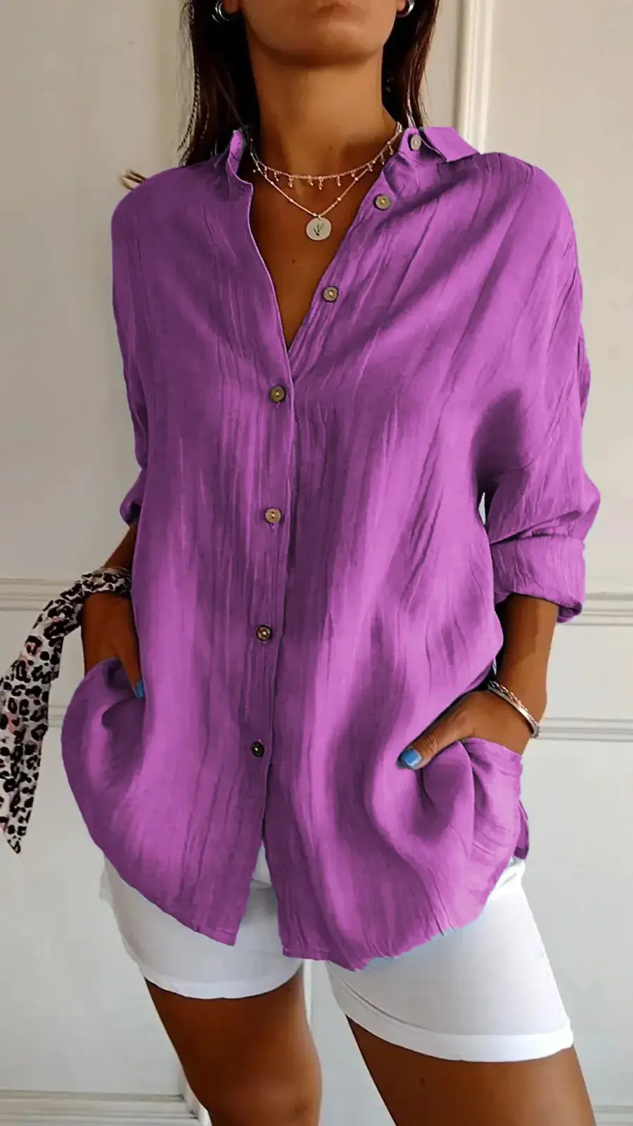 Women's 2024 Pleated Lapel Shirt White Solid Color - Image 7