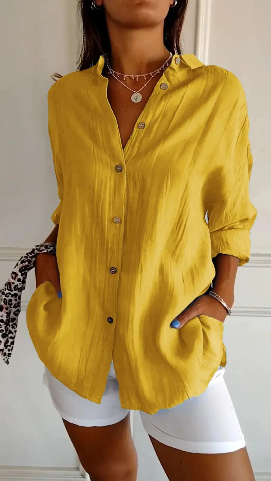 Women's 2024 Pleated Lapel Shirt White Solid Color - Image 8