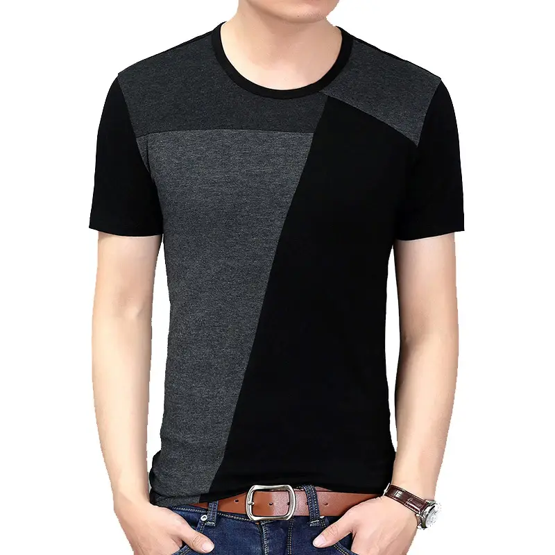 Men Cotton Contrast Short Sleeve T-Shirt Black Grey Slim Fit
