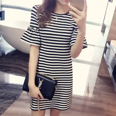 Women Korean Style Striped Bell Sleeve T-Shirt Mid Length - Image 4