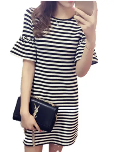 Women Korean Style Striped Bell Sleeve T-Shirt Mid Length - Image 5