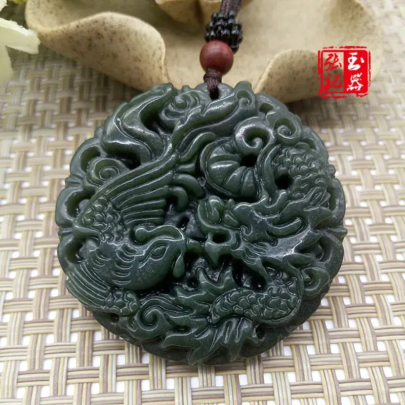 Natural Xinjiang Hetian Jade Longfeng Necklace Pendant — feature 2