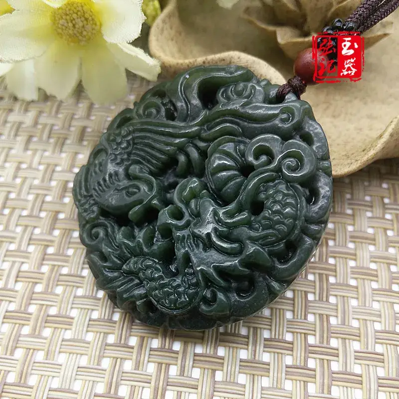 Natural Xinjiang Hetian Jade Longfeng Necklace Pendant — feature 3