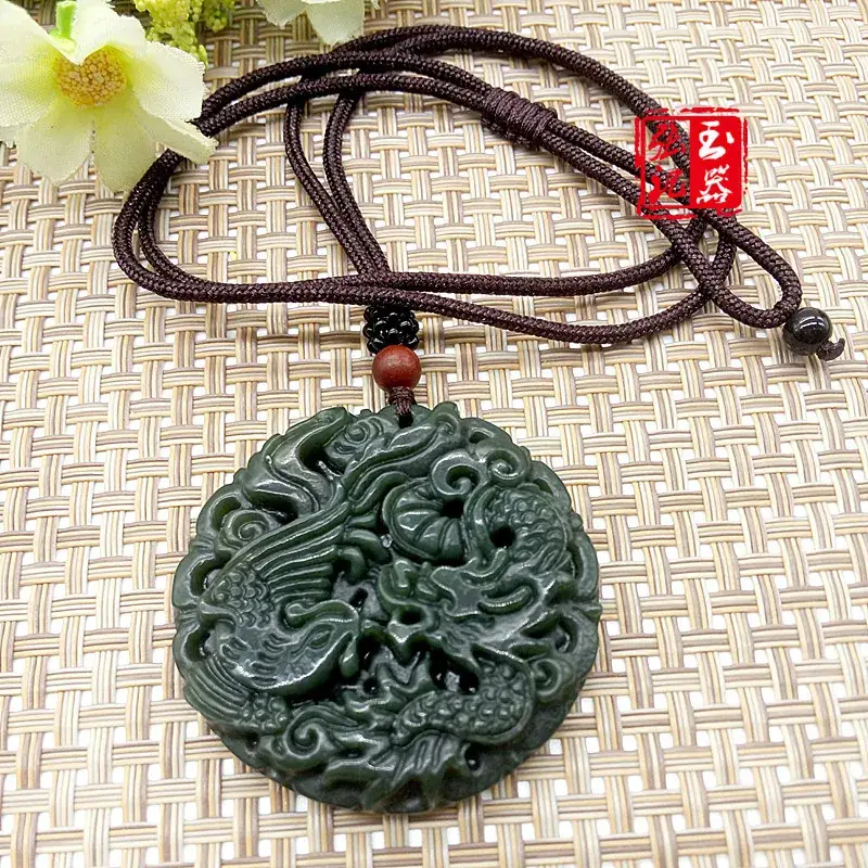 Natural Xinjiang Hetian Jade Longfeng Necklace Pendant — feature 4