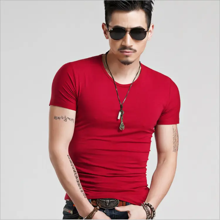 Men Red V-Neck Short Sleeve T-Shirt 9.9 Free Shipping