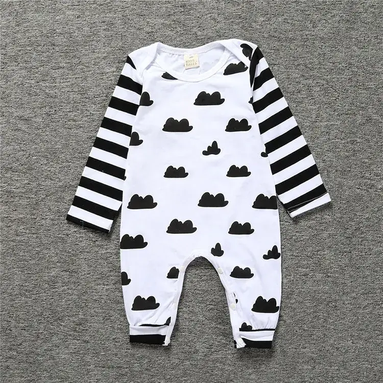 Baby Romper Cotton All-Over Printed with Clouds & Stripes - Image 3