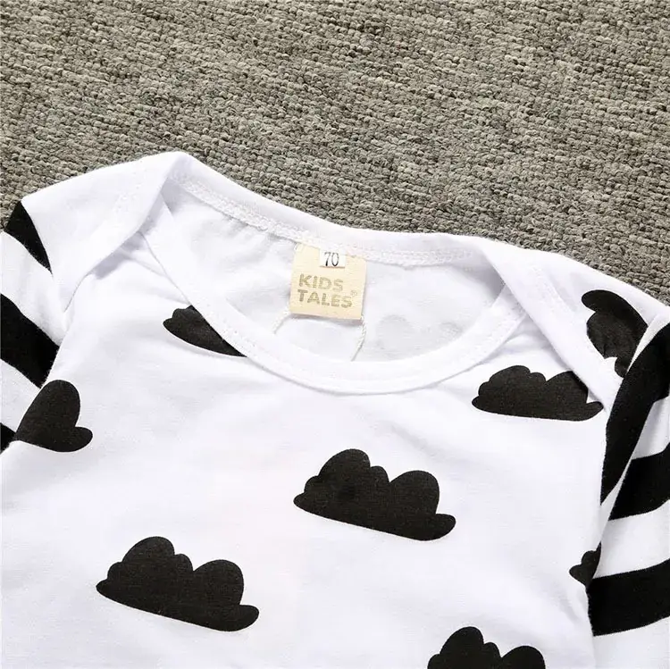 Baby Romper Cotton All-Over Printed with Clouds & Stripes - Image 5